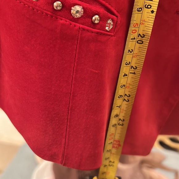 RED SUEDE JEWELED JACKET. Swarovski crystals & Nail heads cascade front & collar - Picture 7 of 8